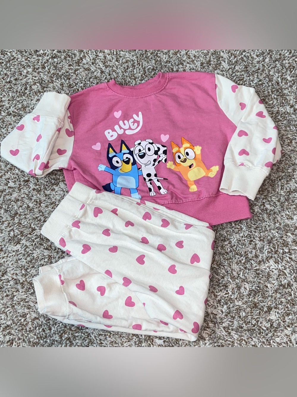 BLUEY Valentine’s Pink White Hearts Sweatsuit Outfit Size 3T